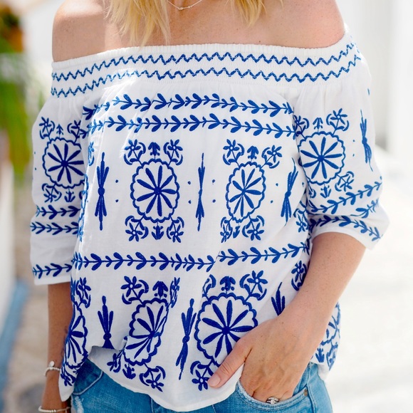 Monsoon Blue Embroidered Off Shoulder Top - Picture 2 of 4